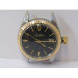 LADIES ROLEX OYSTER PERPETUAL DATE WRIST WATCH, black dial with gold bezel, missing bracelet, in