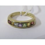 9ct YELLOW GOLD MULTI STONE ETERNITY STYLE RING, stones including topaz, citrine, peridot, etc, size