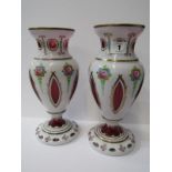 VICTORIAN GLASSWARE, pair of 19th Century cranberry and milk overlay glass baluster vases, decorated