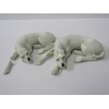 CONTINENTAL PORCELAIN, 2 figures of sleeping Hounds, blue asterix mark (some damage), 5" width