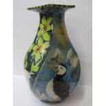 STUDIO POTTERY, Paul Jackson pentagonal writhen 14" vase decorated with panels of fish, puffin and