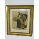 ELIJAH ALBERY COX, coloured wood block "Portrait of Elderly Couple", 18" x 14"