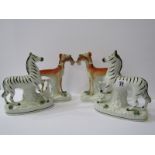 STAFFORDSHIRE POTTERY, pair of 19th Century Zebras, 8.5" height (restored), together with pair of
