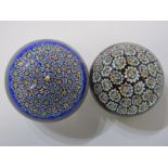 PAPERWEIGHTS, 2 domed glass millefiore cane paperweights, 3.5" diameter