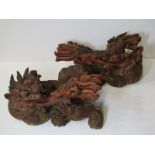 ORIENTAL CARVINGS, pair of Chinese gilded and red lacquer carved kylin incensed burners, 13" length