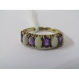 9ct YELLOW GOLD OPAL & AMETHYST RING, 7 stone eternity style opal and amethyst, 3 oval cut opals