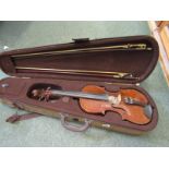 ANTIQUE VIOLIN, and 2 bows in contemporary case, 13.75" body length with W Howlett retail label