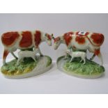 STAFFORDSHIRE POTTERY, pair of 19th Century Heifer and Calf riverside figure groups (some