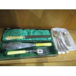 CUTLERY, cased pair of Victorian fish servers, also ivory handled bread knife and other cutlery