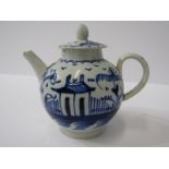 ENGLISH PEARLWARE, miniature spherical underglaze blue teapot and lid decorated with cottage in