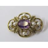 9ct YELLOW GOLD VINTAGE AMETHYST & PEARL BROOCH