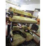 EDWARDIAN LOUNGE SUITE, gold buttonback upholstered settee with pair of matching armchairs, floral