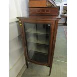 EDWARDIAN MARQUETRY MAHOGANY DISPLAY CABINET, bow fronted single door narrow display cabinet with