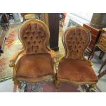 VICTORIAN SPOONBACK NURSING CHAIR, with matching open arm buttonback chair, scroll legs with