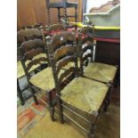 LADDERBACK CHAIRS, set of 4 rush seated ladderback chairs with turned stretcher