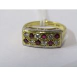 18ct YELLOW GOLD RUBY & DIAMOND CLUSTER RING, Deco design, 6 rubies each seperated by a brilliant