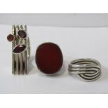 SILVER RINGS, one large stone set designer style silver ring, one carnelian ring & one band ring,