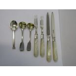 SILVER BLADED TEA KNIVES & FORKS, pair of silver bladed tea knives and forks with mother-of-pearl
