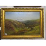 CHARLES E. BRITTAN, signed oil on canvas, "Moorland Cattle grazing in Valley", 15" x 23"