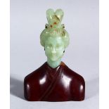 A GOOD 19TH CENTURY CHINESE CARVED JADE BUST OF GUANYIN, the carved jade head inlaid with semi
