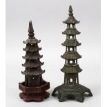 TO 20TH CENTURY CHINESE MINIATURE PAGODA MODELS, one formed from bronze, 22.5cm high , one carved