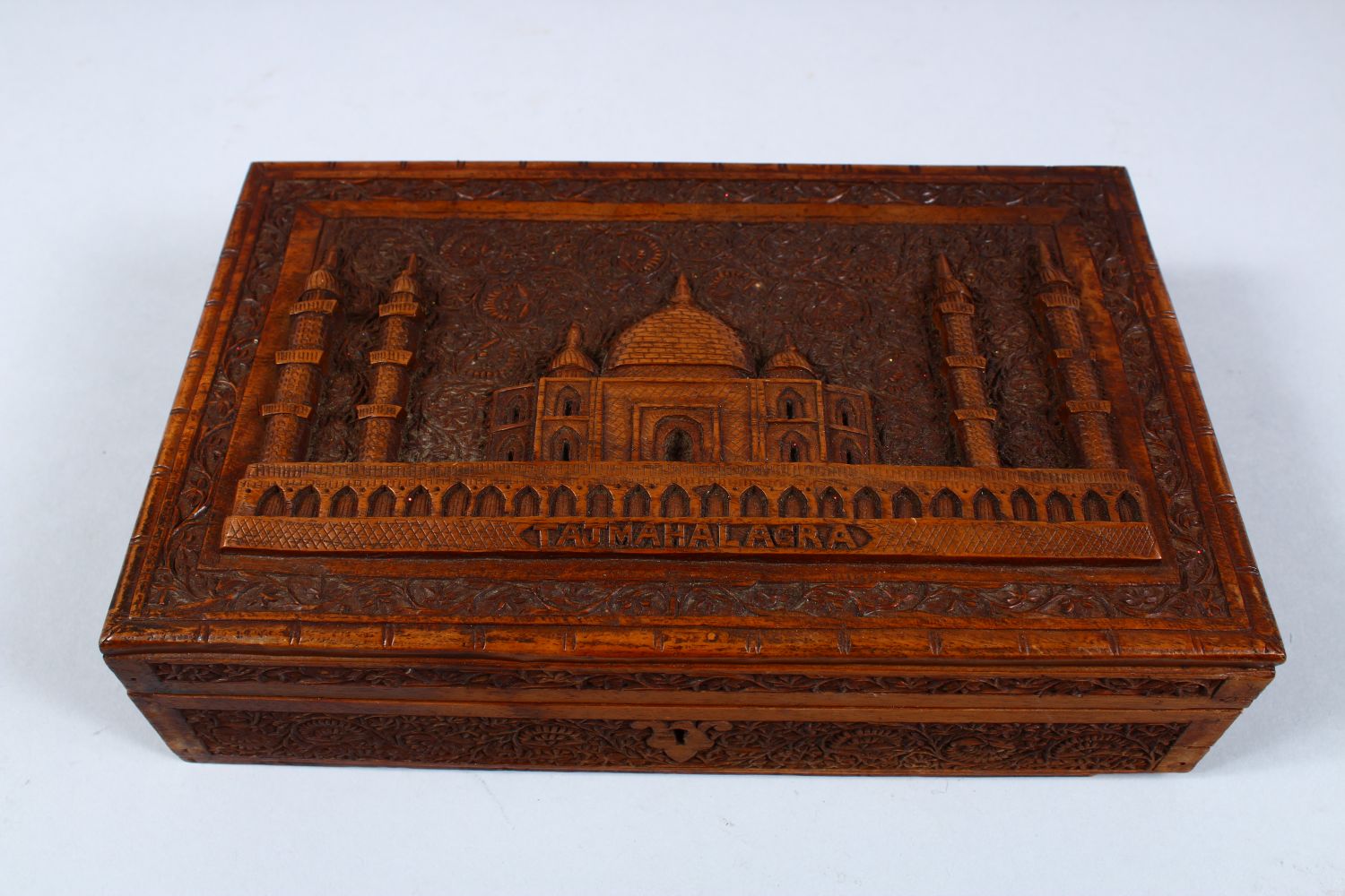 A GOOD INDIAN CARVED HARDWOOD LIDDED BOX, carved in relief to depict the scenes of a temple - Image 2 of 5