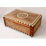 A FINE QUALITY 19TH CENTURY LARGE INDIAN VIZAGAPATAM STORAGE BOX, the box profusely inlaid with bone