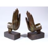 A PAIR OF EARLY CHINESE BRONZE HANDS FROM A FIGURE OF BUDDHA / GUANYIN, the pair of hands mounted to