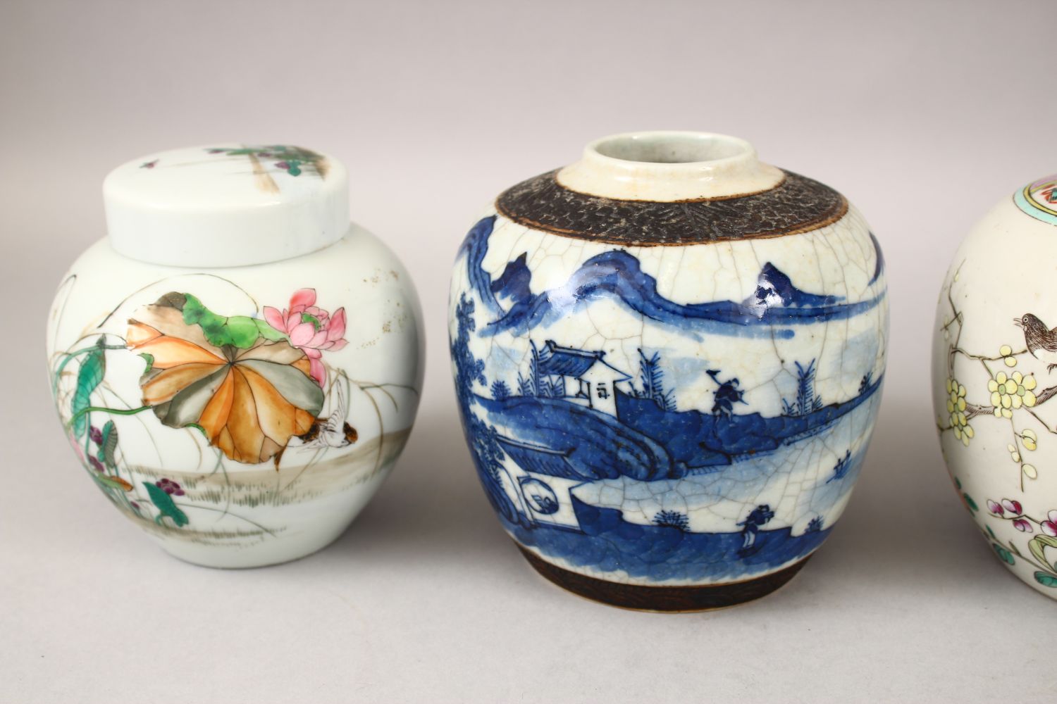 FIVE 19TH / 20TH CENTURY CHINESE BLUE & WHITE / FAMILLE ROSE PORCELAIN GINGER JARS, three blue & - Image 2 of 6