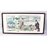 A GOOD JAPANESE MEIJI PERIOD WOODBLOCK PRINT FRAMED TRYPTYCH, the framed prints depicting scenes