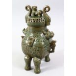 A GOOD CHINESE LONGQUAN PORCELAIN INCENSE BURNER, with moulded archaic style design with moulded