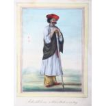 A 19TH CENTURY INDIAN COMAPNY SCHOOL WATERCOLOUR PAINTING, depicting a gentleman leaning on a stick,