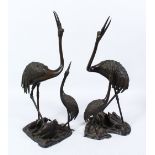 A PAIR OF JAPANESE MEIJI PERIOD BRONZE KORO FIGURES OF MANCHURIAN CRANES, the figures stood upon