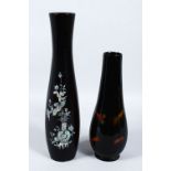 TWO CHINESE 20TH CENTURY LACQUER VASES, the larger vase inlaid with carved abalone shell to depict a