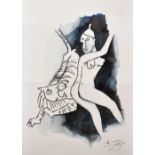 Maqbool Fida Husain (1915-2011) Indian. Untitled, A Naked Lady with a Tiger, Watercolour, Signed and