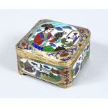 A 20TH CENTURY CHINESE CLOISONNE ENAMEL BOX AND COVER, the box depicting scenes of a figure with a
