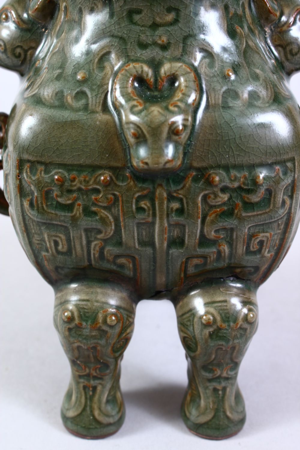 A GOOD CHINESE LONGQUAN PORCELAIN INCENSE BURNER, with moulded archaic style design with moulded - Image 4 of 7