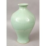 A GOOD 19TH / 20TH CENTURY CHINESE CELADON MEIPING PORCELAIN VASE, the base with an overglaze four