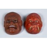 TWO GOOD JAPANESE MEIJI / TAISHO PERIOD LACQUER NOH MASKS, both with real hair details, 6cm. (2)