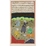 A 19TH CENTURY INDIAN MINIATURE MUGHAL ART PAINTING, painted on paper depicting four figures in