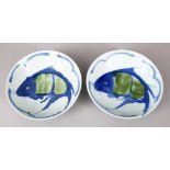 A PAIR OF 19TH CENTURY MING STYLE PORCELAIN FISH PLATES, decorated with a leaping carp, 22.5cm.