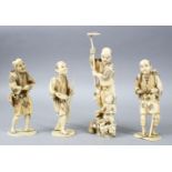 FOUR JAPANESE MEIJI PERIOD CARVED IVORY OKIMONO FIGURES, each depicting a different rendition of