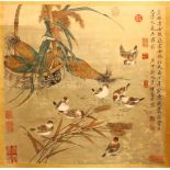 A LARGE CHINESE HANGING SCROLL PAINTING OF BIRDS, the birds grazing beside a basket of cobs, with