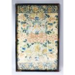 A 19TH CENTURY CHINESE FRAMED EMBROIDERED SILK PICTURE, the embroidered silk depicting scenes of