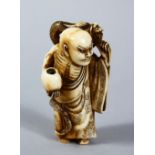 A GOOD JAPANESE MEIJI PERIOD CARVED IVORY NETSUKE OF CHINNAN SENNIN, the sennin stood in an