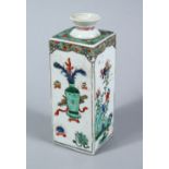 A GOOD CHINESE KANGXI PERIOD FAMILLE VERTE PORCELAIN SQUARE BOTTLE VASE, each side of the vase