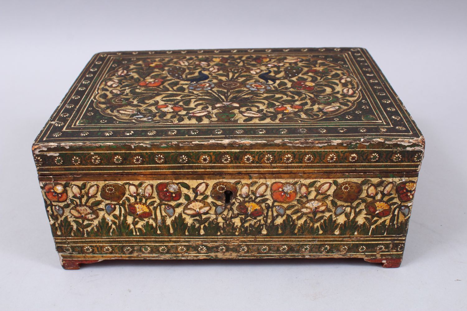 AN EARLY 19TH CENTURY KASHMIRI LACQUER BOX, painted with peacocks and flowers, with a fitted - Image 2 of 7