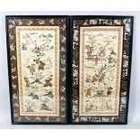 A GOOD PAIR OF 19TH CENTURY INDDO CHINESE EMBROIDERED SILK PICTURES, the pictures depicting scenes