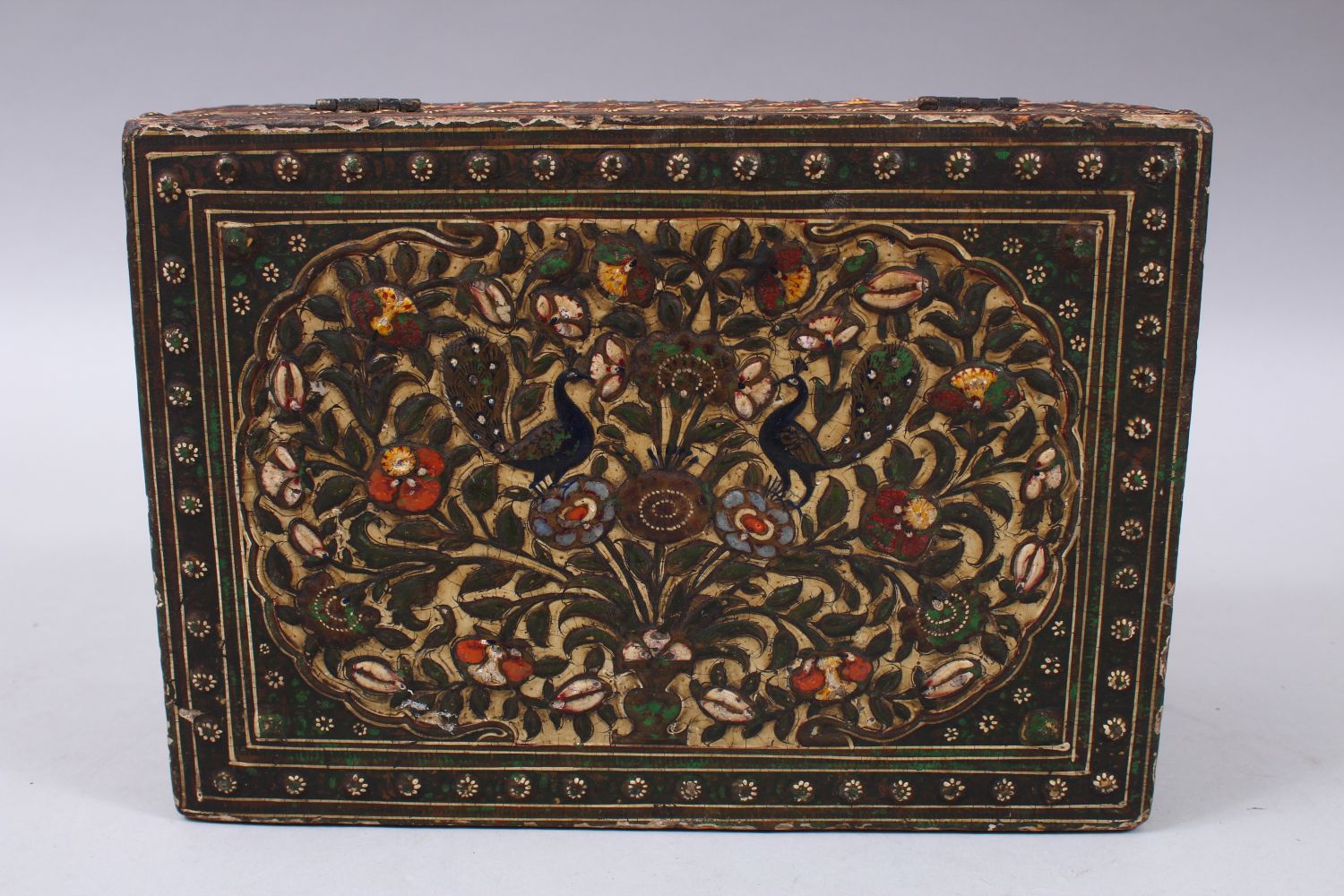 AN EARLY 19TH CENTURY KASHMIRI LACQUER BOX, painted with peacocks and flowers, with a fitted - Image 3 of 7