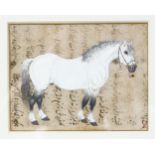 A 19TH CENTURY INDIAN MINIATURE MUGHAL PAINTING OF A WHITE STALLION HORSE, the framed painting on